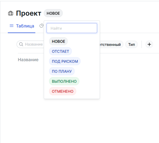 Выберите новый статус для проекта