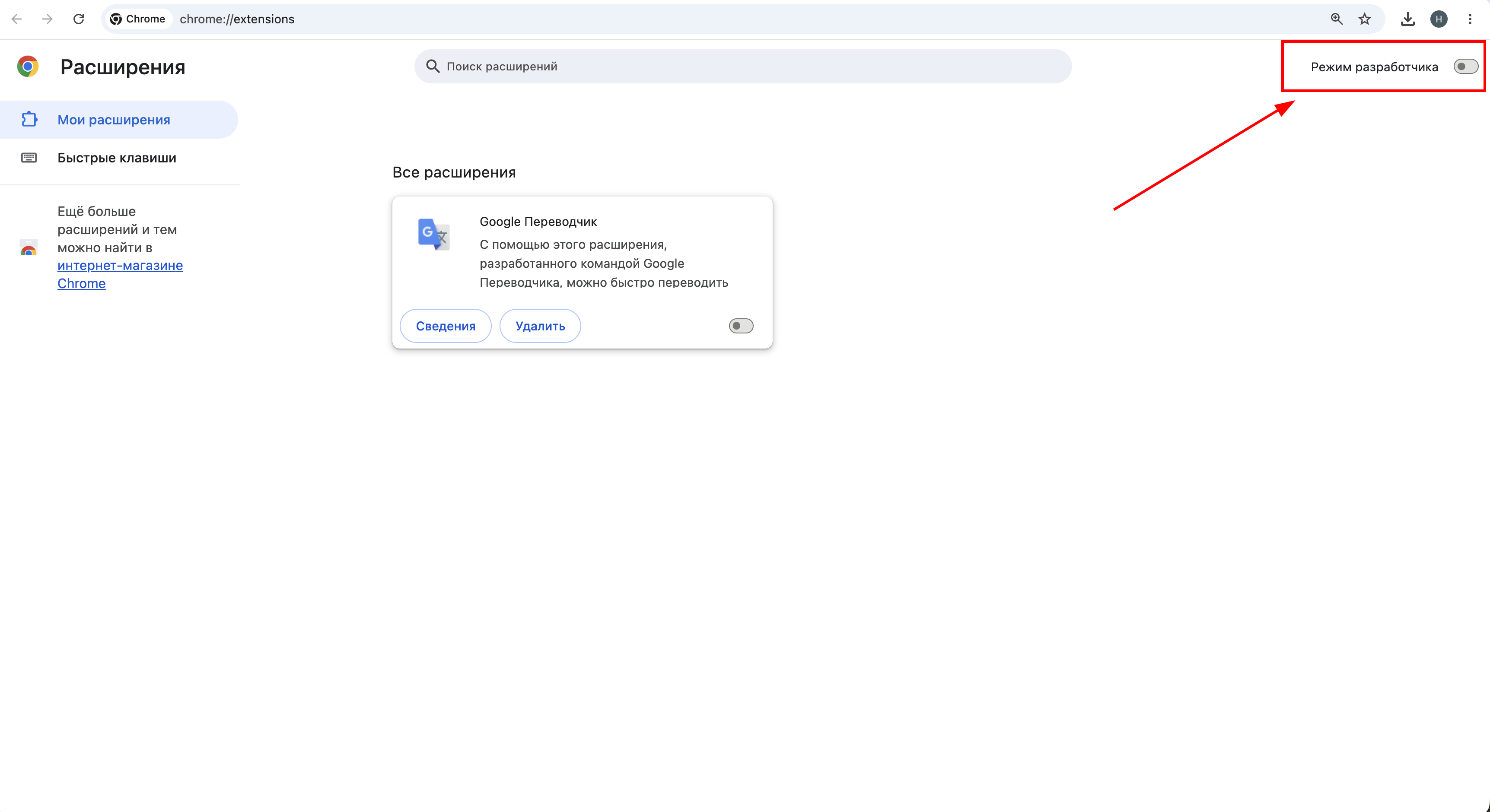 Включите режим разработчика в Chrome
